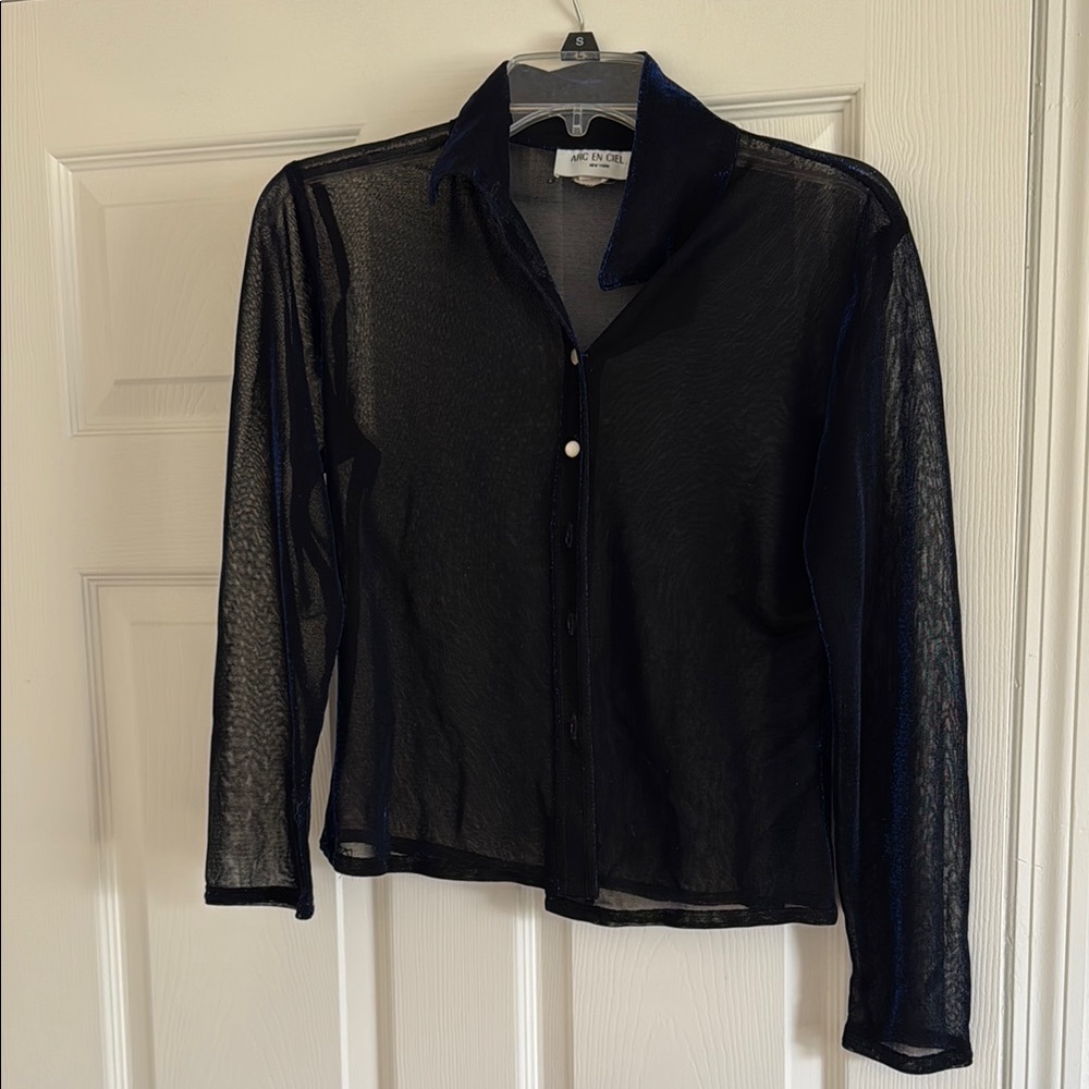 Sheer Blue  Black Button-Up Top